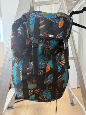 Kids Floral Print Black Backpack with Blue & Orange Leaves